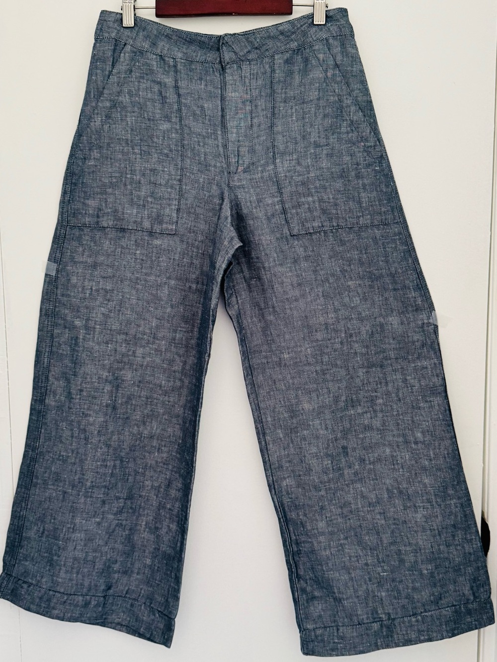 Zara Womens Cropped Wide-Leg Pants in Chambray Blue linen blend coastal lagelook